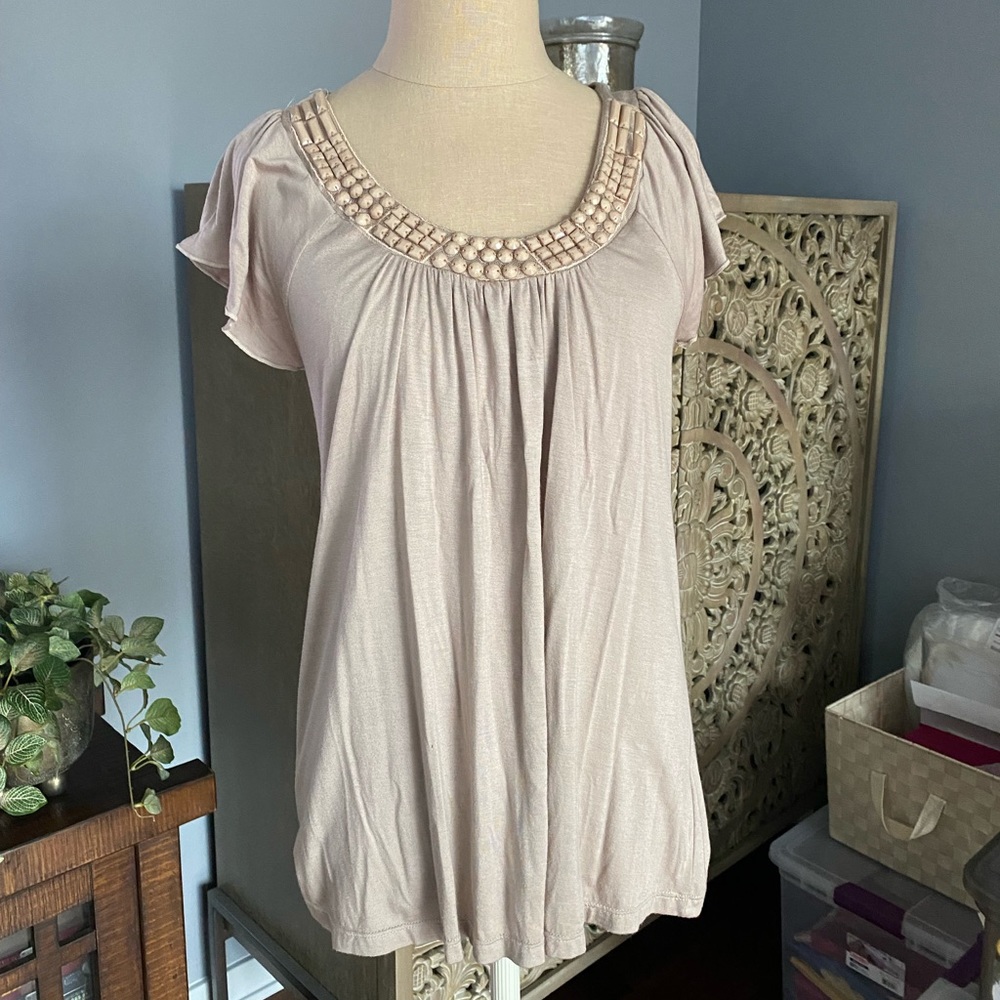 [Olivia Moon] Tan Top with Beaded Neckline